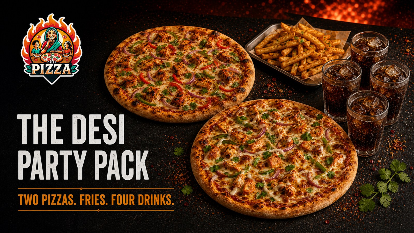 The Desi Party Pack with two Indian-inspired pizzas, masala fries and four drinks