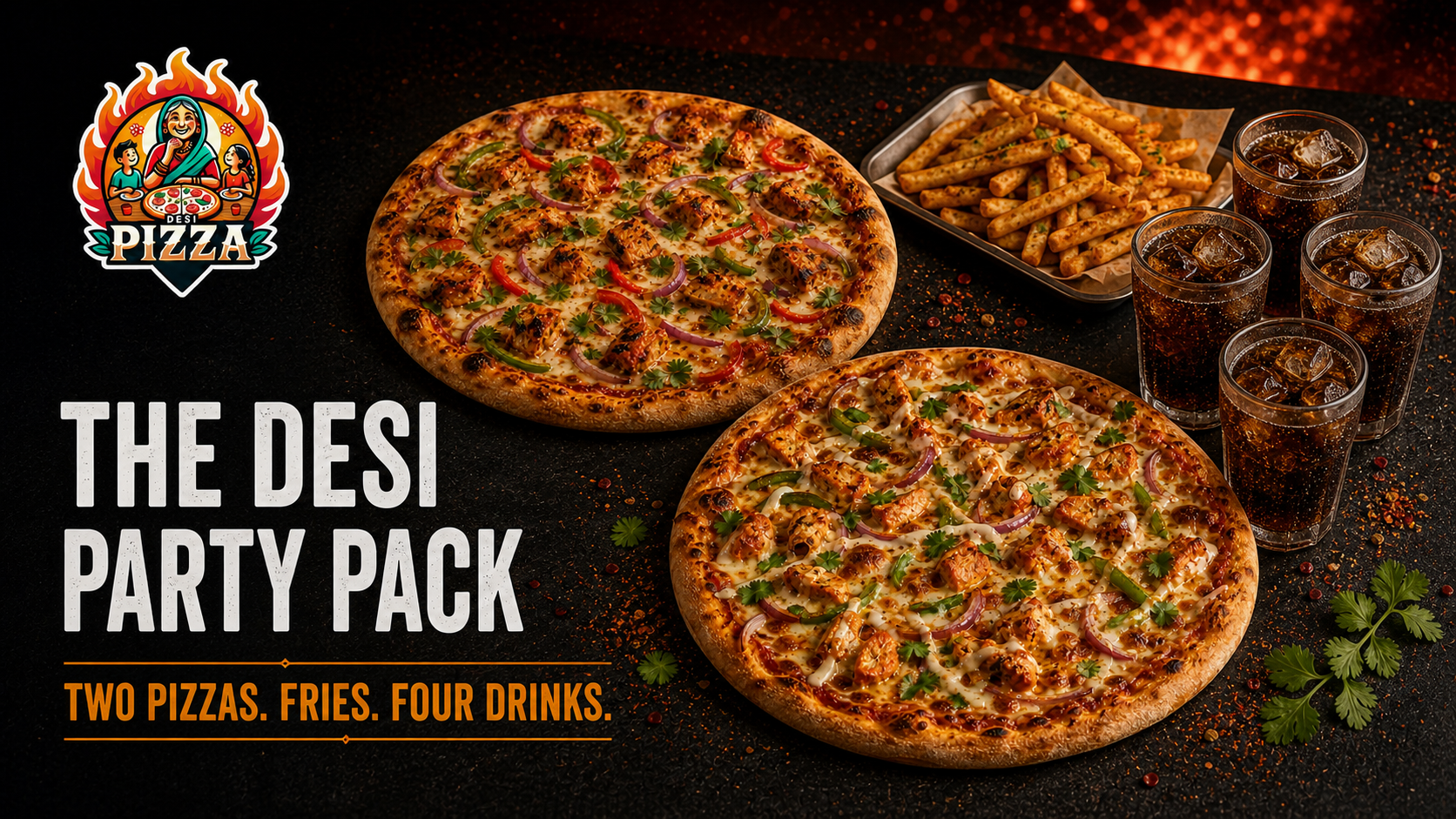 The Desi Party Pack with two Indian-inspired pizzas, masala fries and four drinks