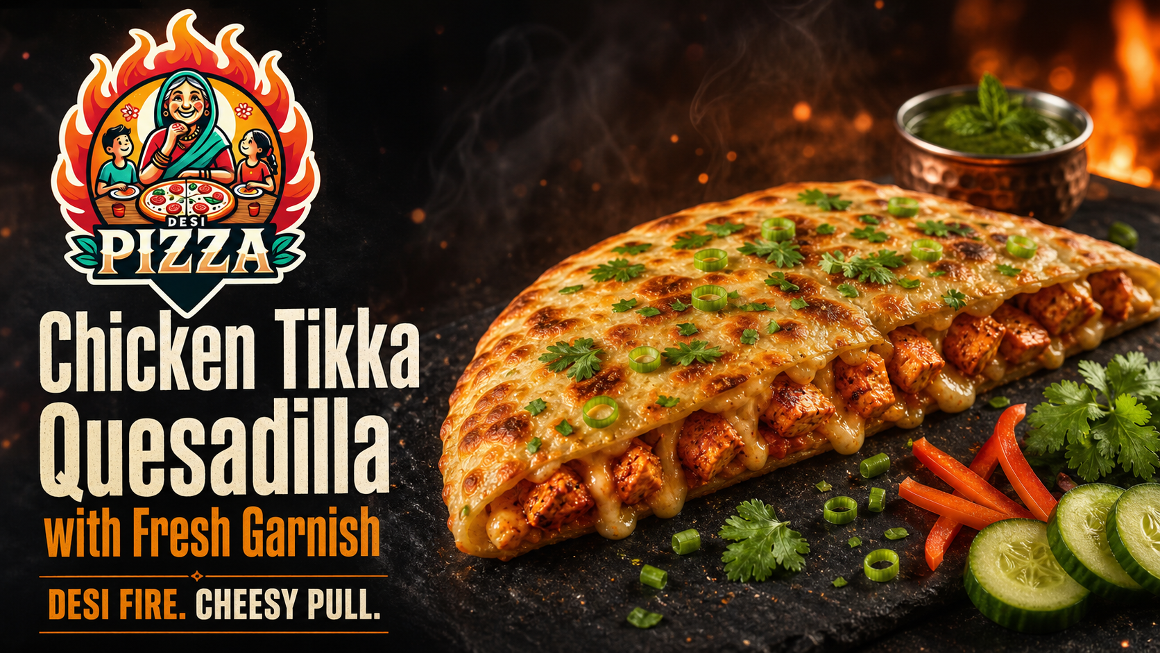 Chicken Tikka quesadilla wedges with melted cheese, peppers, onion and cilantro