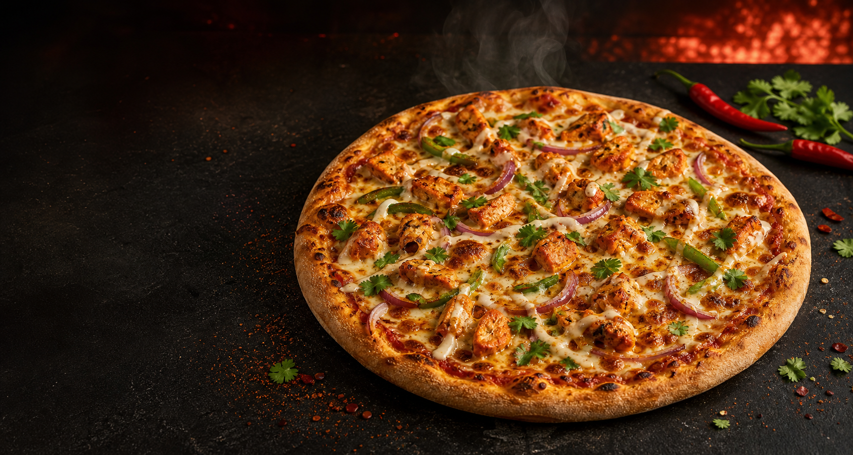 Desi Pizza topped with chicken, peppers, onions and cilantro