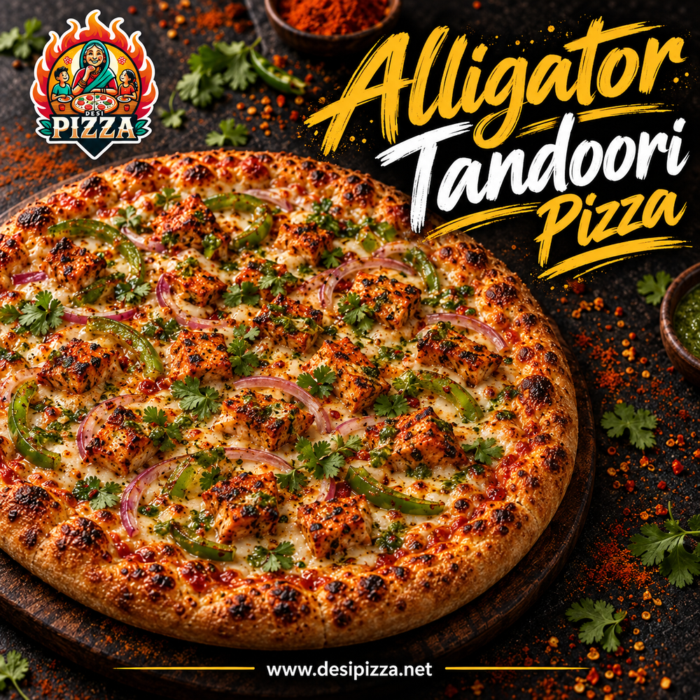 Alligator Tandoori Pizza with peppers, red onion and mozzarella
