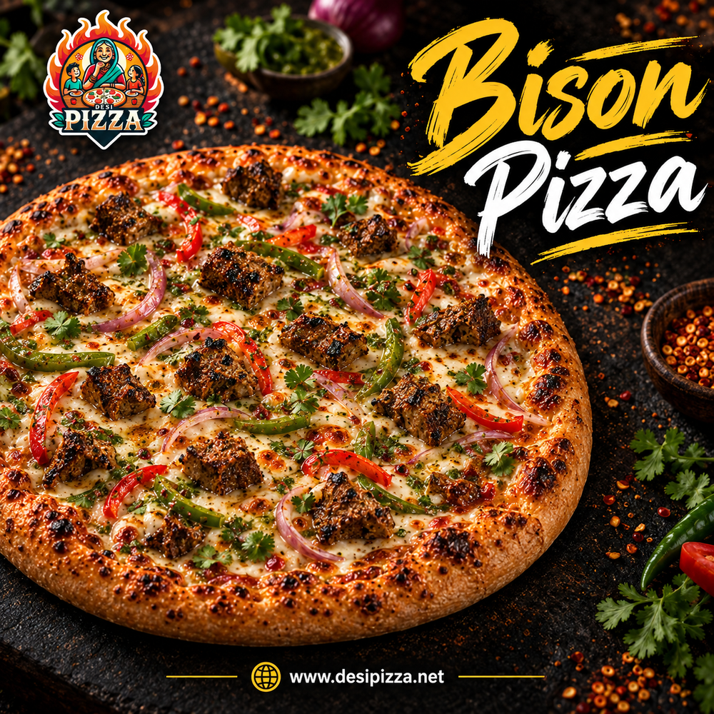 Bison Pizza with peppers, red onion, mozzarella and cilantro