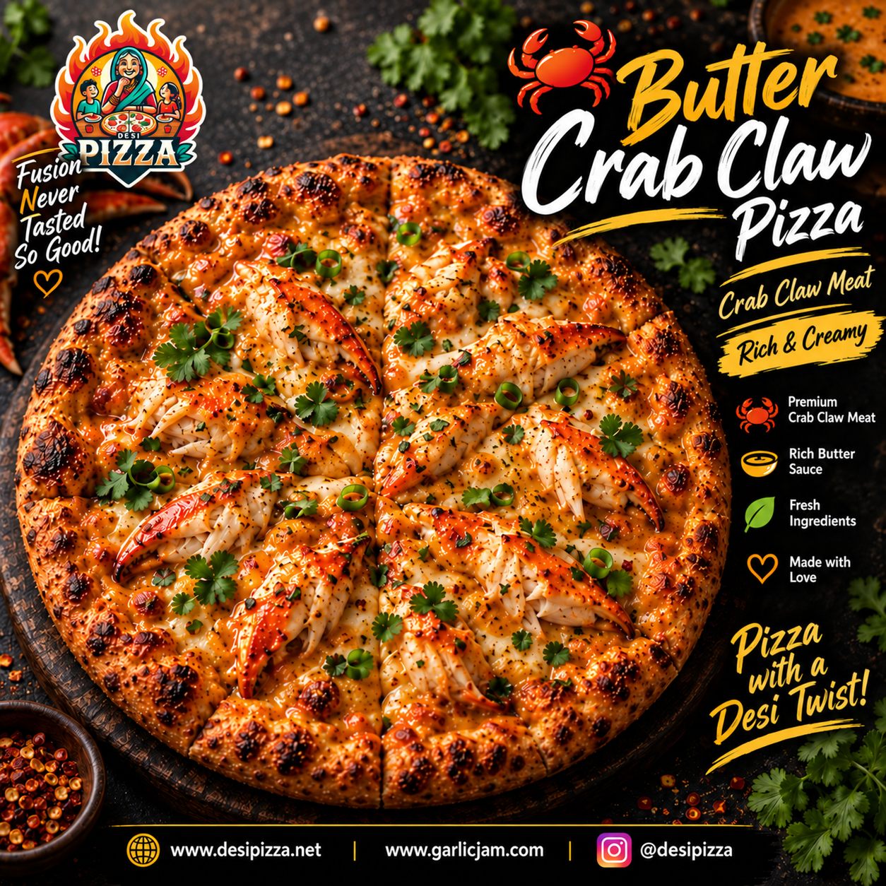 Butter Crab Claw Pizza with your Desi Pizza logo