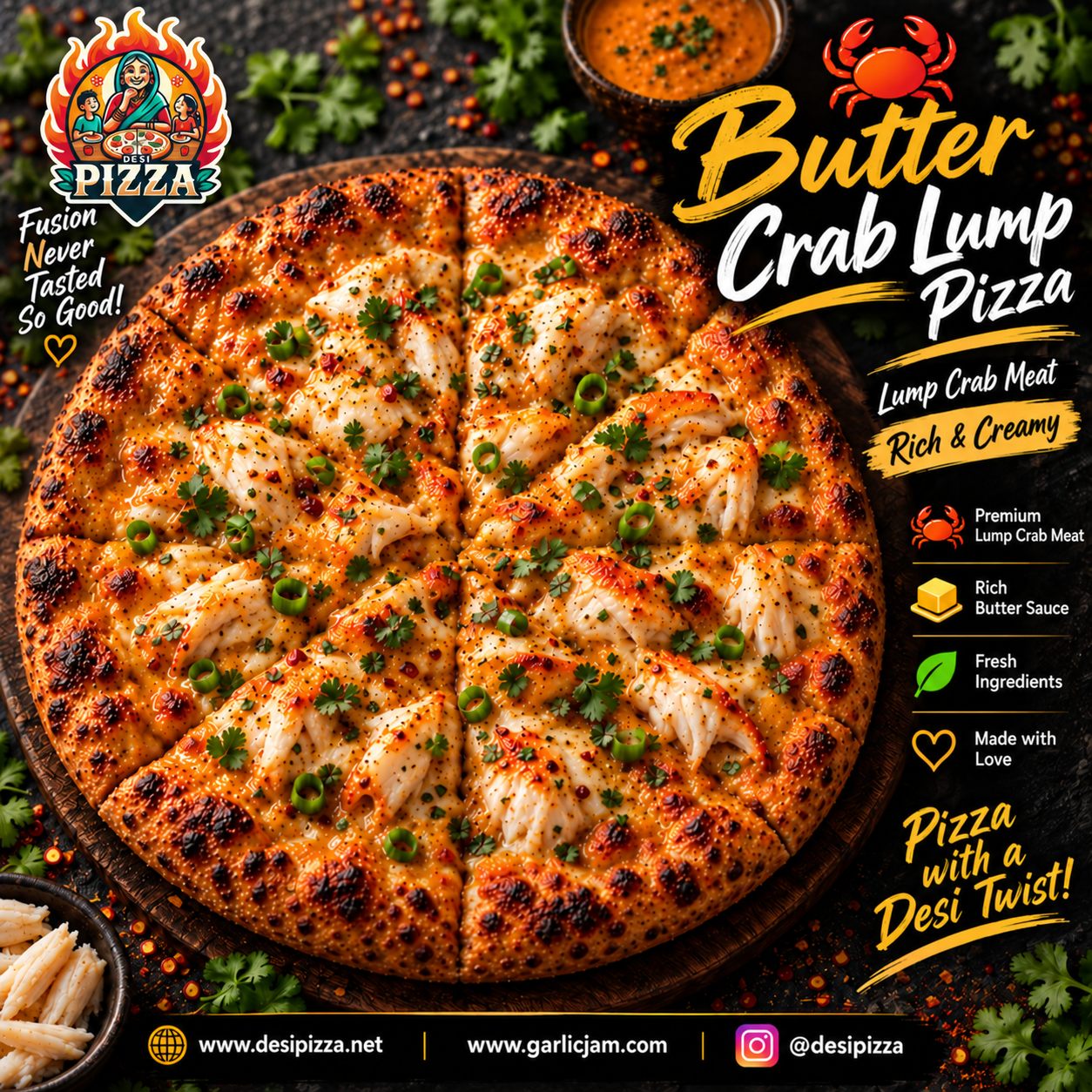 Butter Crab Lump Pizza with your Desi Pizza logo