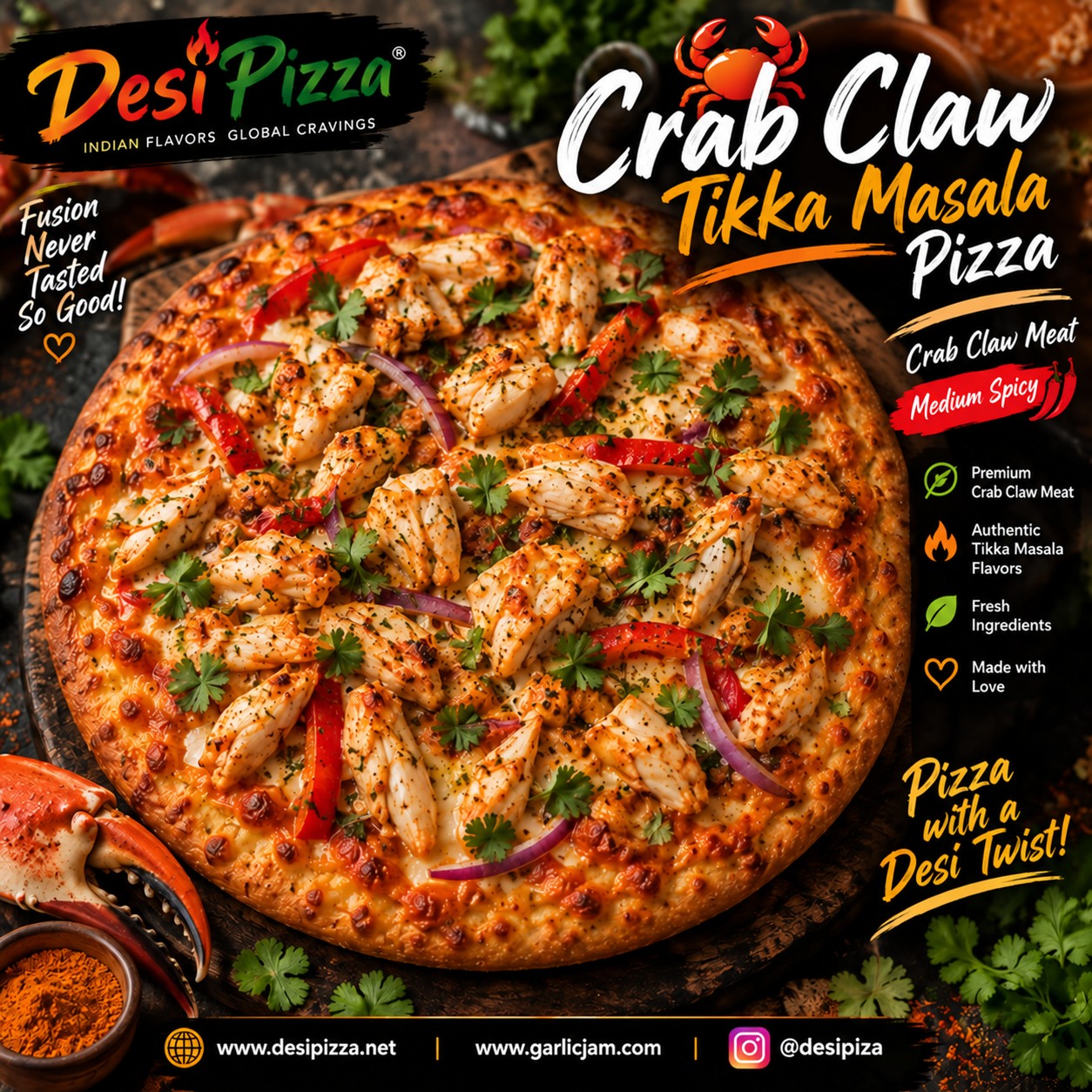 Crab Claw Tikka Masala Pizza with crab claw meat, peppers and onion