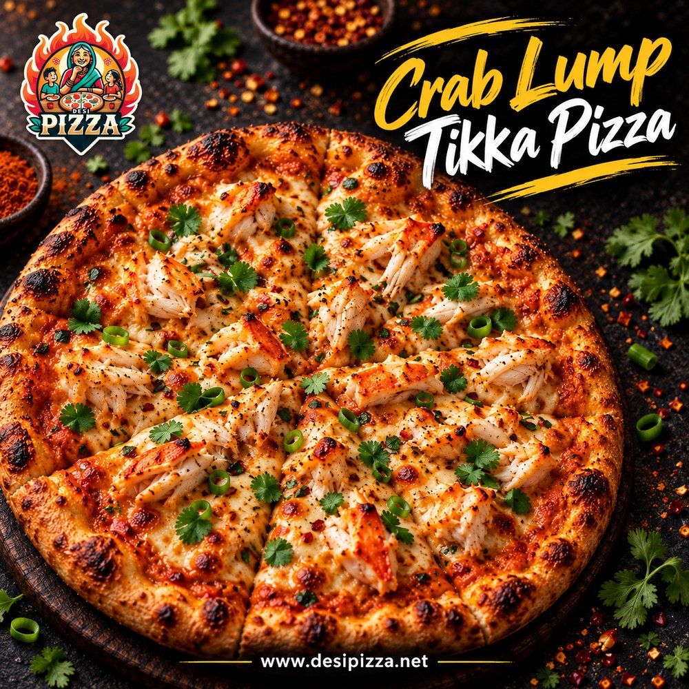 Crab Lump Tikka Pizza with lump crab, melted cheese and fresh herbs