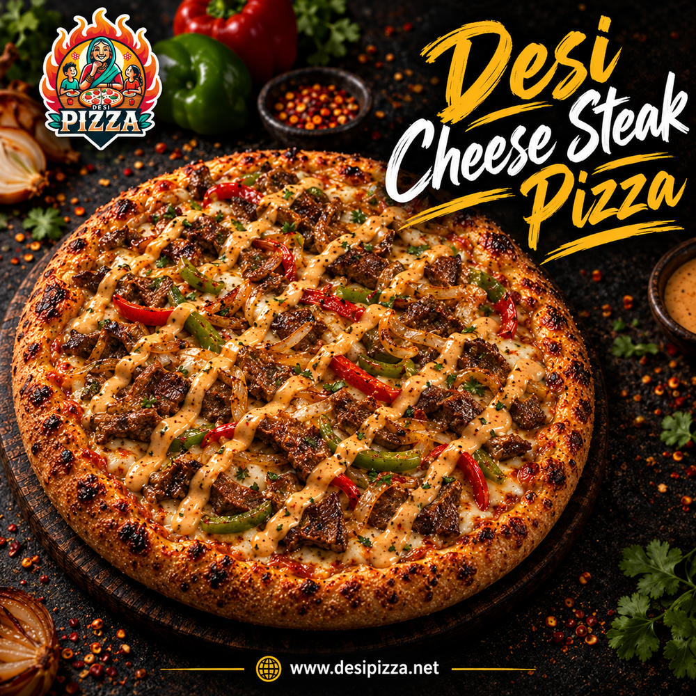 Desi Cheese Steak Pizza with shaved beef, peppers, onions and mozzarella