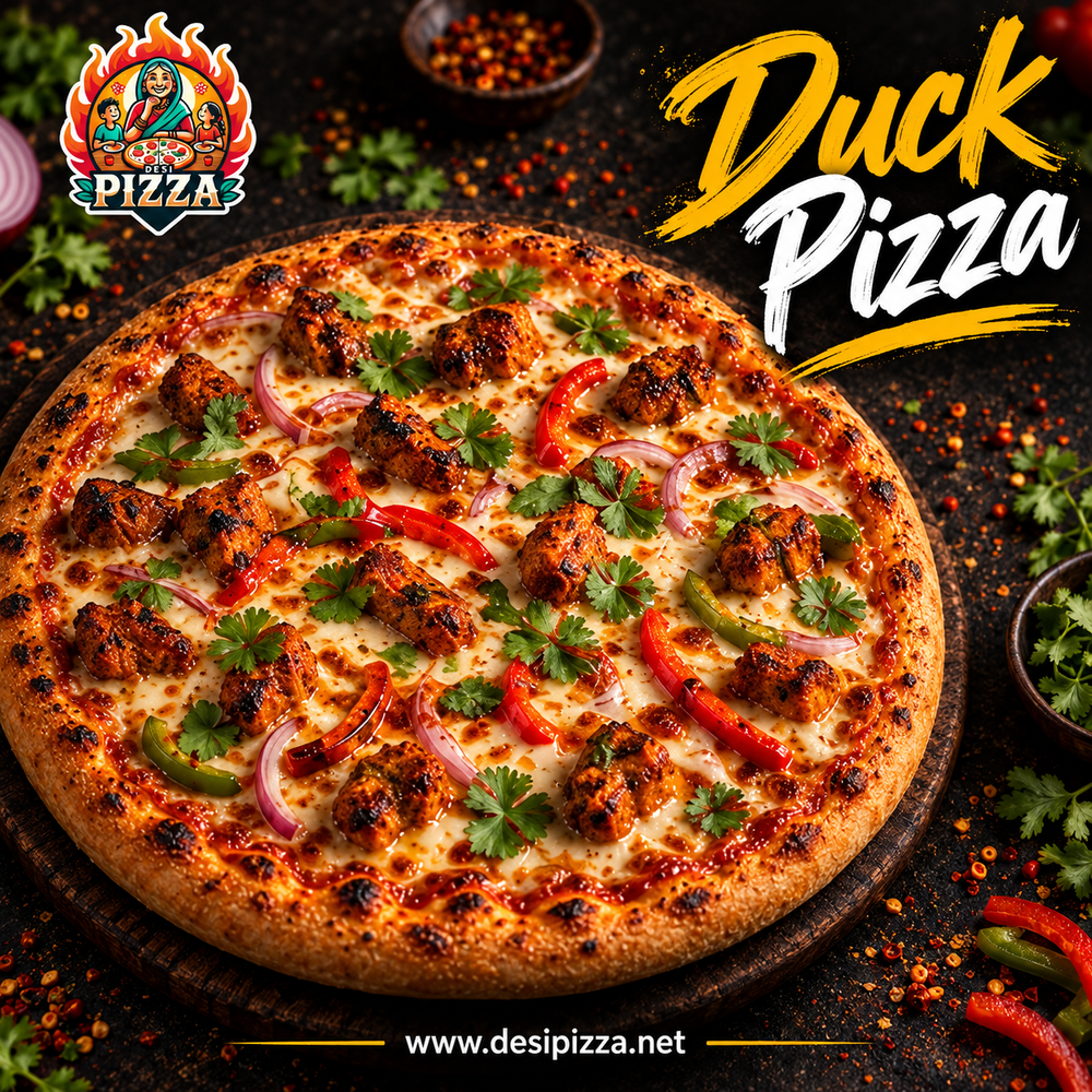 Duck Pizza with roasted duck tikka, peppers, onion and mozzarella