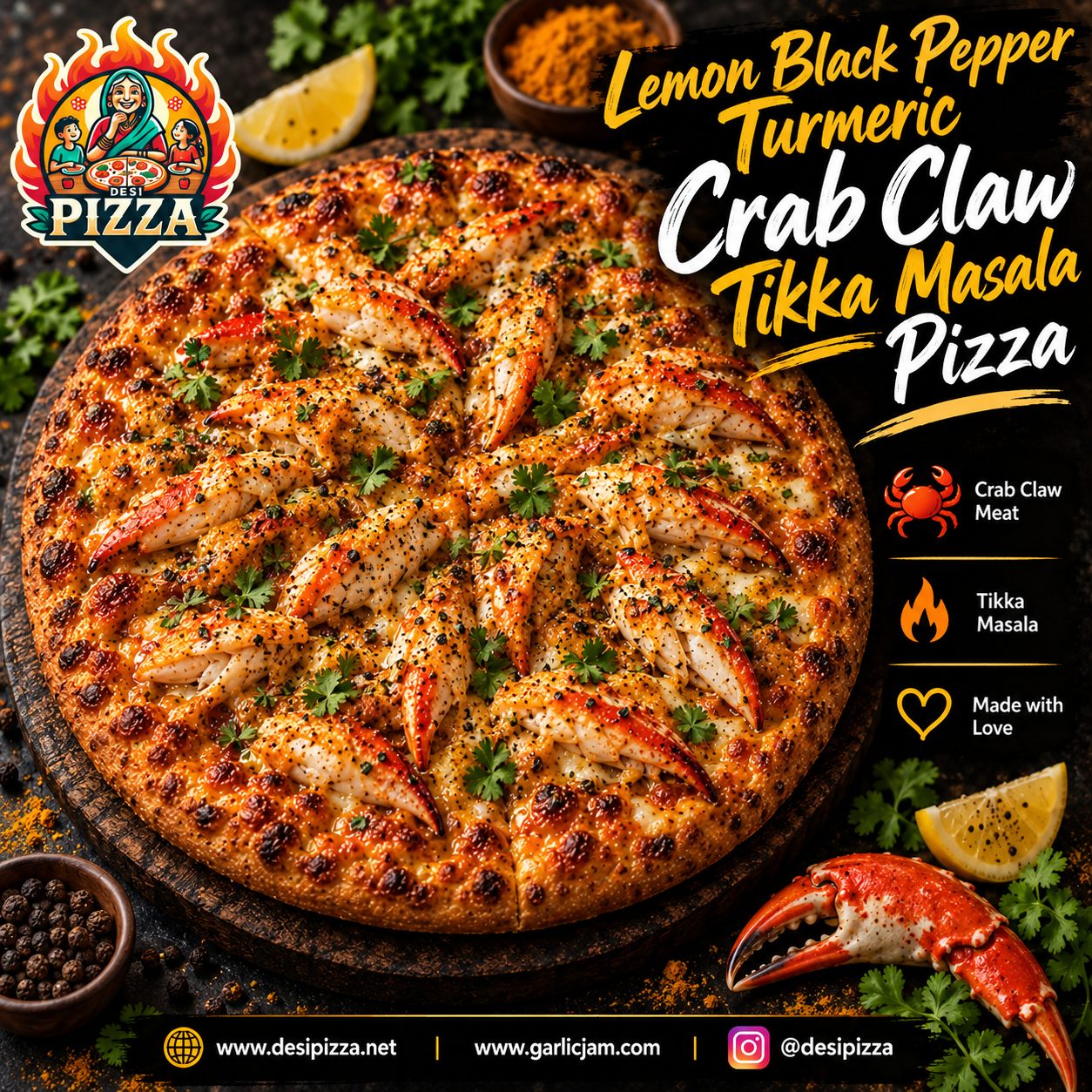 Lemon Black Pepper Turmeric Crab Claw Tikka Masala Pizza with your Desi Pizza logo