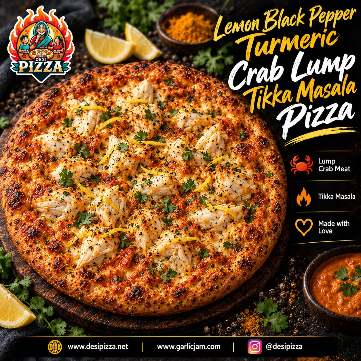 Lemon Black Pepper Turmeric Crab Lump Tikka Masala Pizza with your Desi Pizza logo