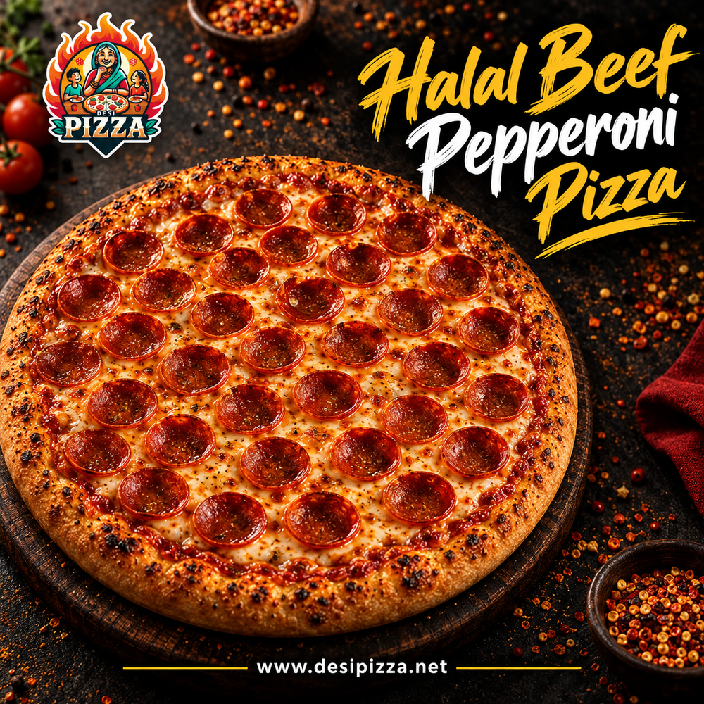 Halal Beef Pepperoni Pizza with mozzarella and toasted spice crust