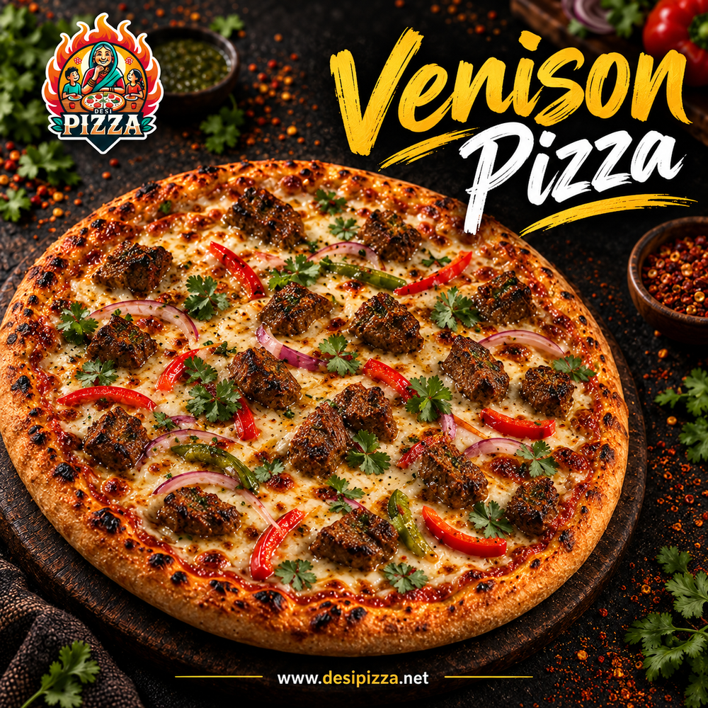 Venison Pizza with peppers, red onion, mozzarella and cilantro