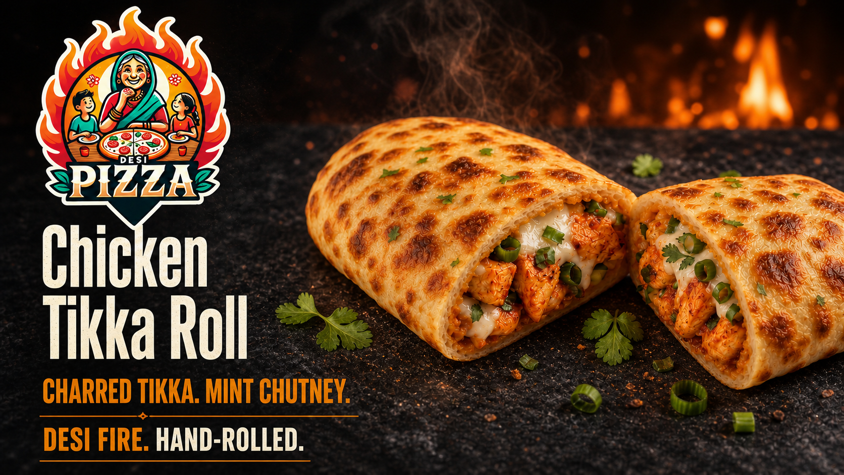 Chicken Tikka loaded roll cut open with melted cheese, peppers, onion and cilantro